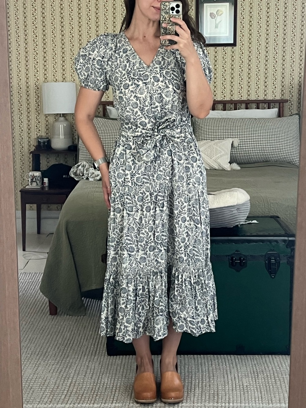 The Great. Dakota Cream Floral Puff Sleeve Dress with Waist Tie